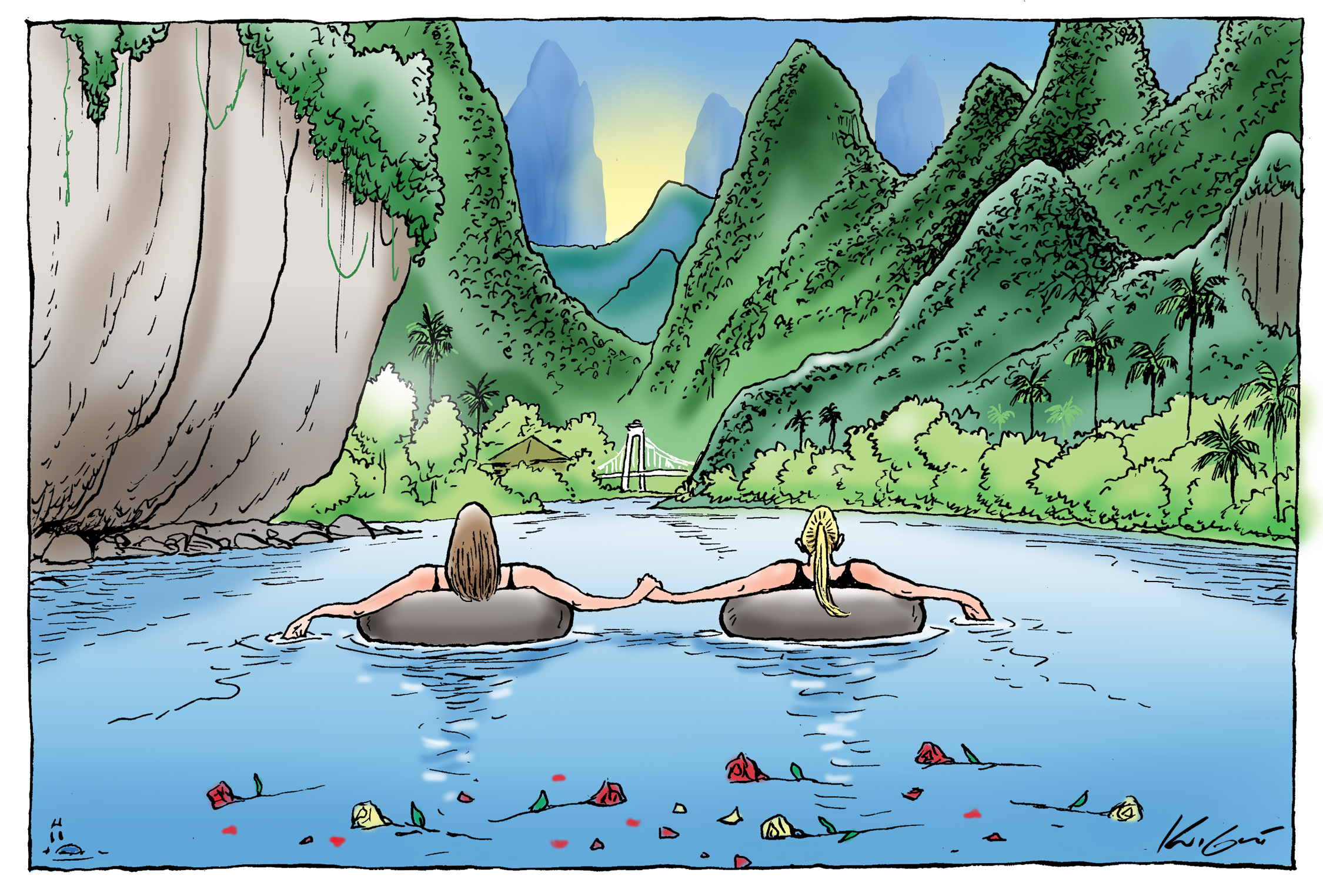 Illustration of Holly and Bianca floating on inner tubes, holding hands in a beautiful tropical landscape