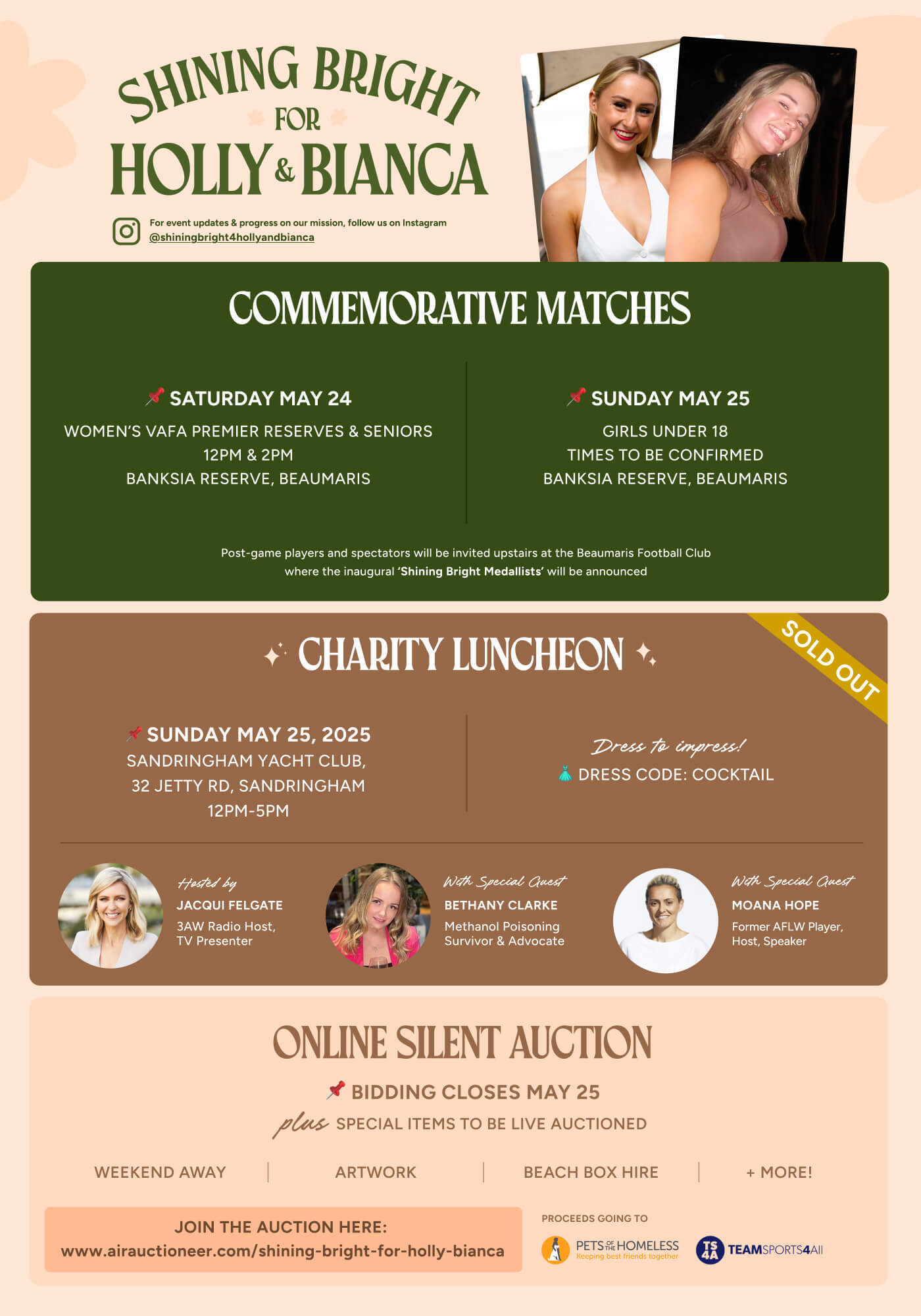 Shining Bright for Holly & Bianca - Event details including commemorative matches and charity luncheon